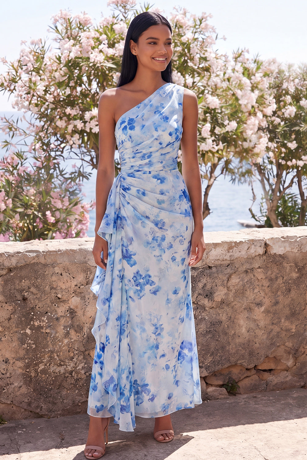 Blue Flower Mermaid One Shoulder Maxi Beach Wedding Guest Dress with Ruffles