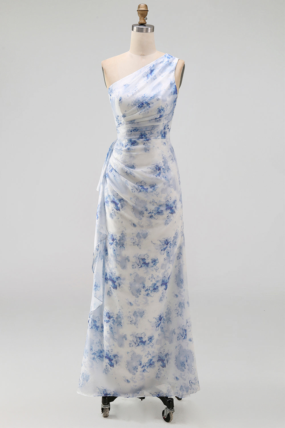 Blue Flower Mermaid One Shoulder Maxi Beach Wedding Guest Dress with Ruffles