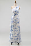 Blue Flower Mermaid One Shoulder Maxi Beach Wedding Guest Dress with Ruffles
