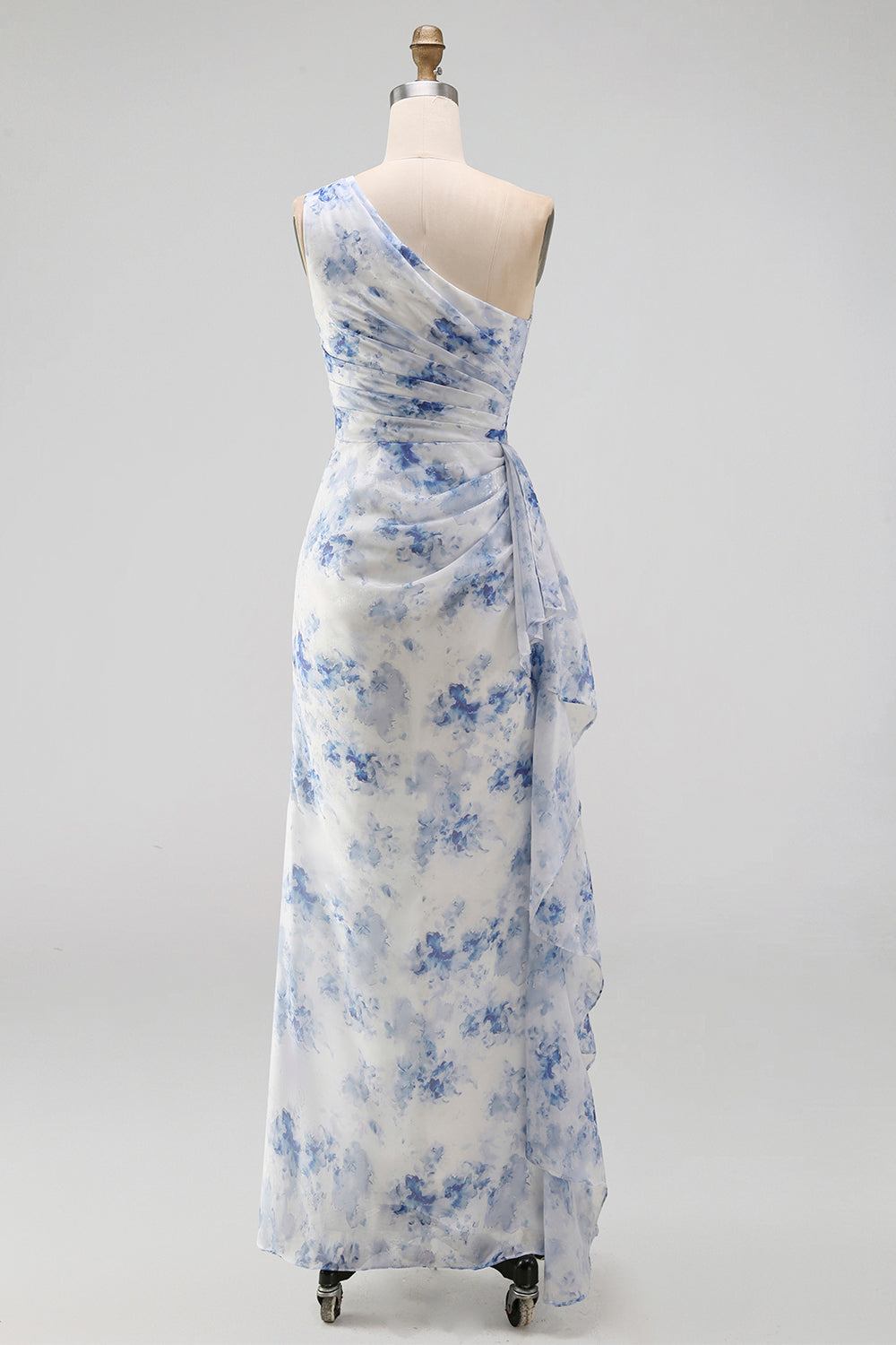 Blue Flower Mermaid One Shoulder Maxi Beach Wedding Guest Dress with Ruffles