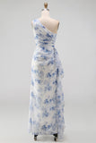 Blue Flower Mermaid One Shoulder Maxi Beach Wedding Guest Dress with Ruffles
