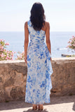 Blue Flower Mermaid One Shoulder Maxi Beach Wedding Guest Dress with Ruffles