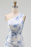 Blue Flower Mermaid One Shoulder Maxi Beach Wedding Guest Dress with Ruffles