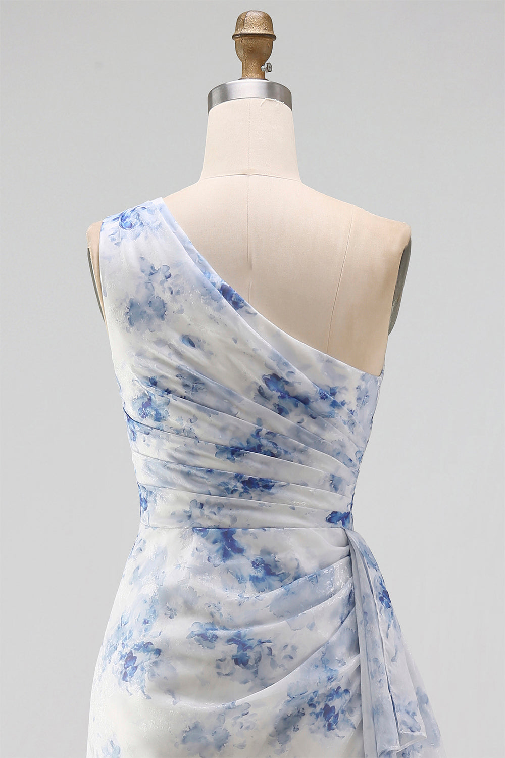 Blue Flower Mermaid One Shoulder Maxi Beach Wedding Guest Dress with Ruffles