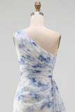 Blue Flower Mermaid One Shoulder Maxi Beach Wedding Guest Dress with Ruffles