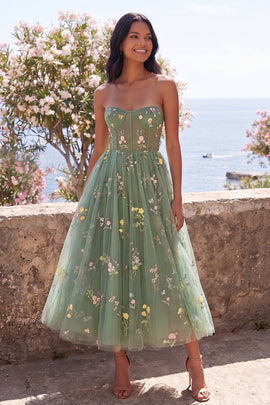 Dusty Sage Strapless Corset A Line Floral Maxi Wedding Guest Dress