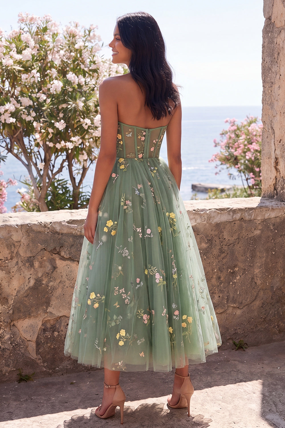 Dusty Sage Strapless Corset A Line Floral Maxi Wedding Guest Dress