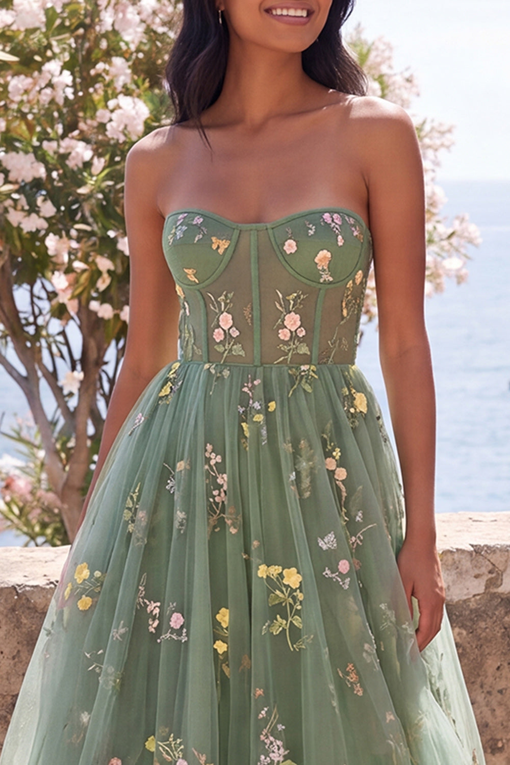 Dusty Sage Strapless Corset A Line Floral Maxi Wedding Guest Dress