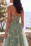 Dusty Sage Strapless Corset A Line Floral Maxi Wedding Guest Dress