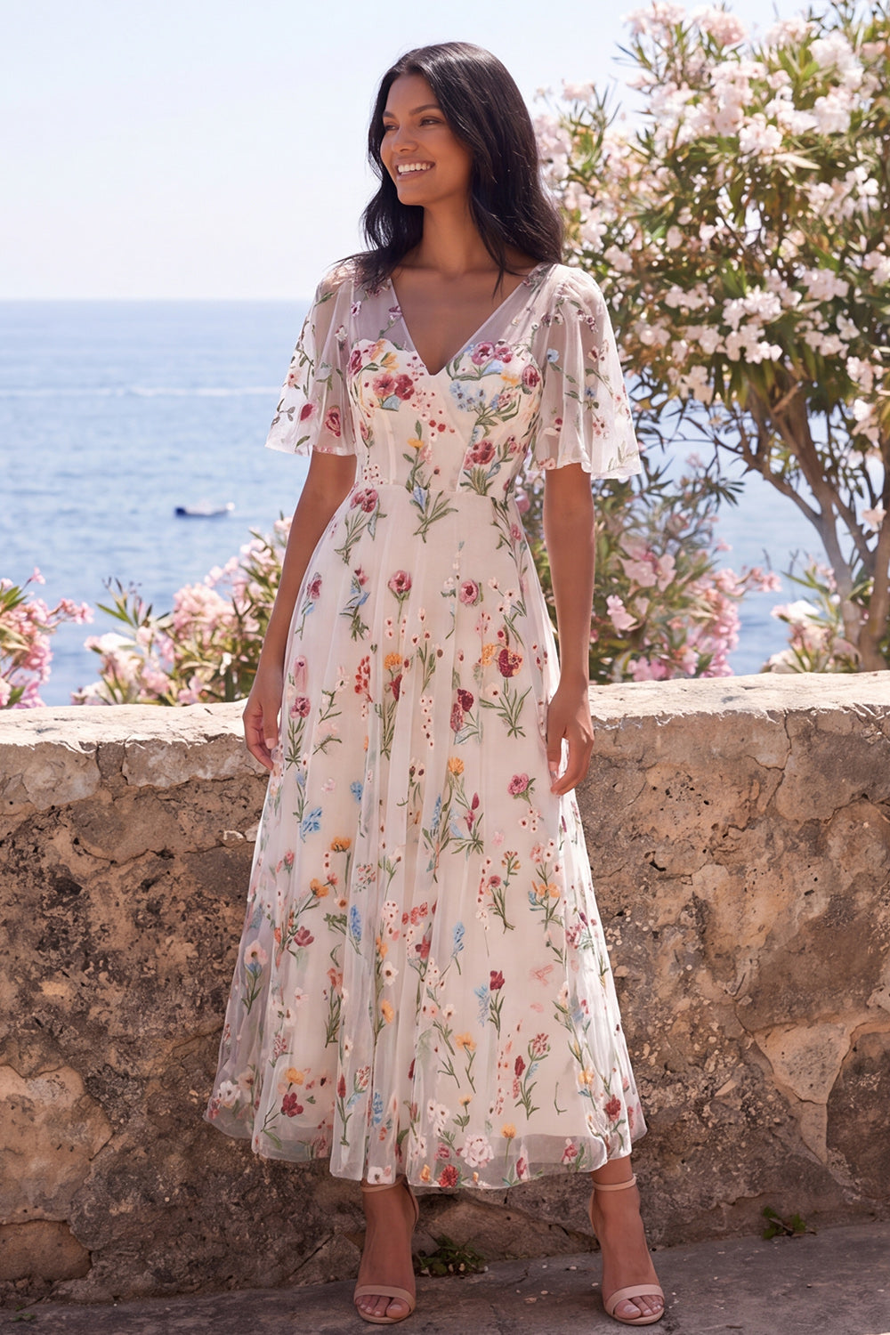 V-Neck Corset A Line Maxi Ivory Floral Wedding Guest Dress