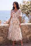 V-Neck Corset A Line Maxi Ivory Floral Wedding Guest Dress