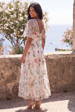 V-Neck Corset A Line Maxi Ivory Floral Wedding Guest Dress