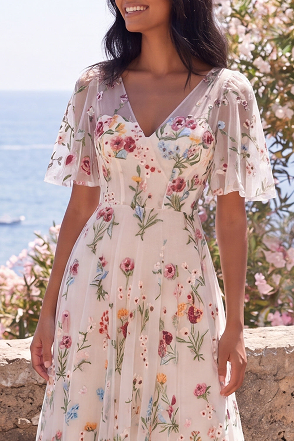 V-Neck Corset A Line Maxi Ivory Floral Wedding Guest Dress