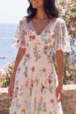 V-Neck Corset A Line Maxi Ivory Floral Wedding Guest Dress