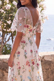 V-Neck Corset A Line Maxi Ivory Floral Wedding Guest Dress