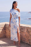 One Shoulder Maxi Blue Flower Mermaid Beach Wedding Guest Dress with Slit