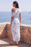 One Shoulder Maxi Blue Flower Mermaid Beach Wedding Guest Dress with Slit