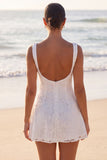 Boat Neck A Line Floral Lace Short Ivory Boho Wedding Dress