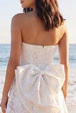 Strapless A Line Floral Short Ivory Boho Wedding Dress with Pearls