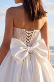 Corset Sparkly Ivory Strapless Beaded A Line Short Wedding Dress with Bow