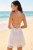 Halter Sparkly Ivory Beaded A Line Backless Short Wedding Dress