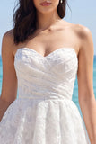 Strapless Tiered A Line Floral Lace Short Ivory Wedding Dress