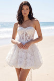 Strapless Corset A Line Floral Short Ivory Lace Wedding Dress with Bow