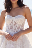 Strapless Corset A Line Floral Short Ivory Lace Wedding Dress with Bow