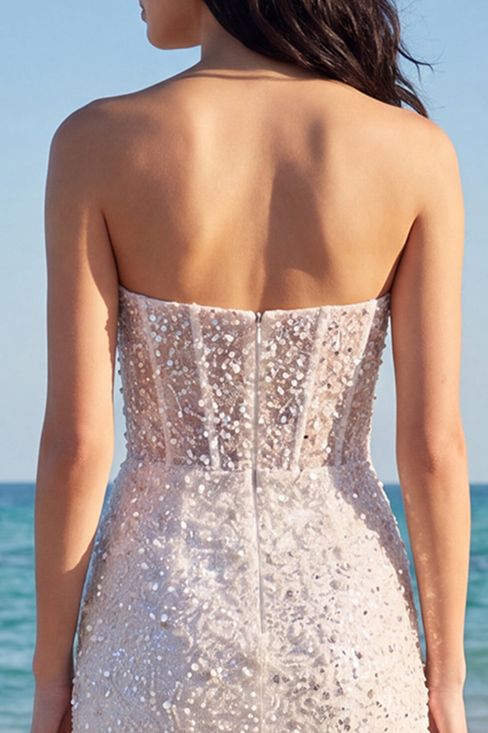 Sparkly Ivory Corset Strapless Beaded Tight Short Wedding Dress