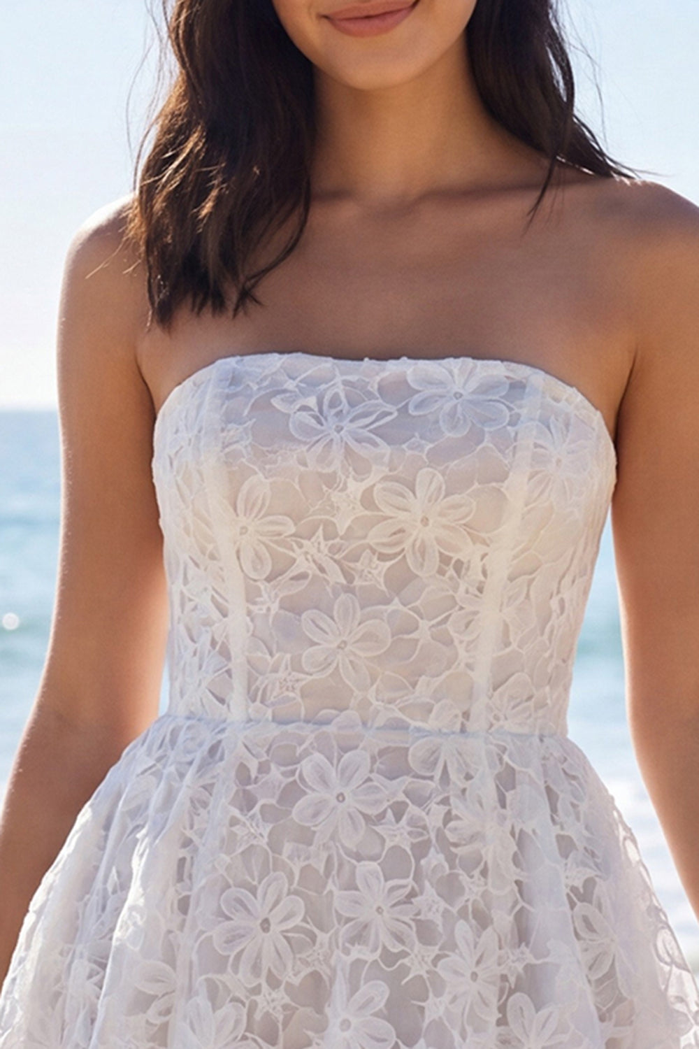 Floral Short Strapless A Line Lace Ivory Wedding Dress