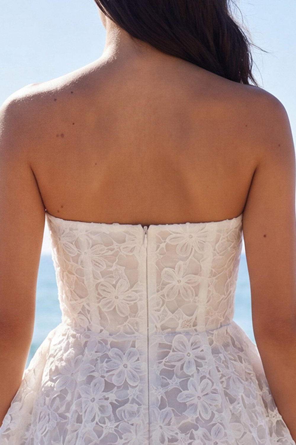 Floral Short Strapless A Line Lace Ivory Wedding Dress