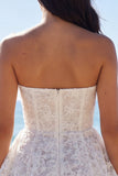 Floral Short Strapless A Line Lace Ivory Wedding Dress