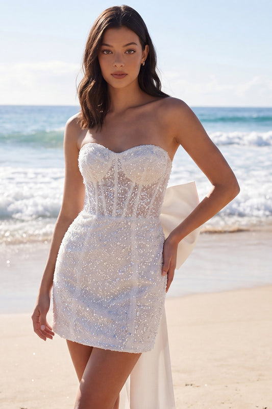 Beaded Tight Short Sparkly Ivory Corset Strapless Wedding Dress with Bow