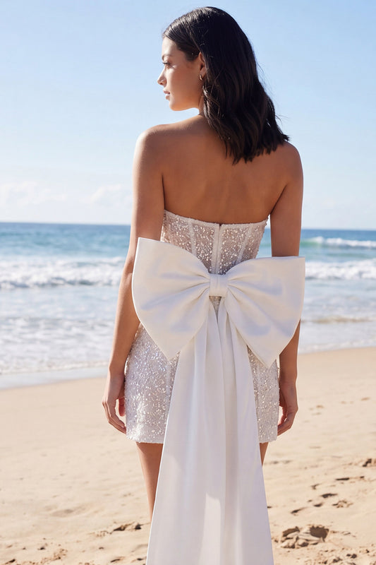 Beaded Tight Short Sparkly Ivory Corset Strapless Wedding Dress with Bow