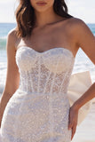 Beaded Tight Short Sparkly Ivory Corset Strapless Wedding Dress with Bow