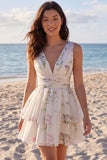 Floral V-Neck Ruched A Line Short Ivory Beach Wedding Dress
