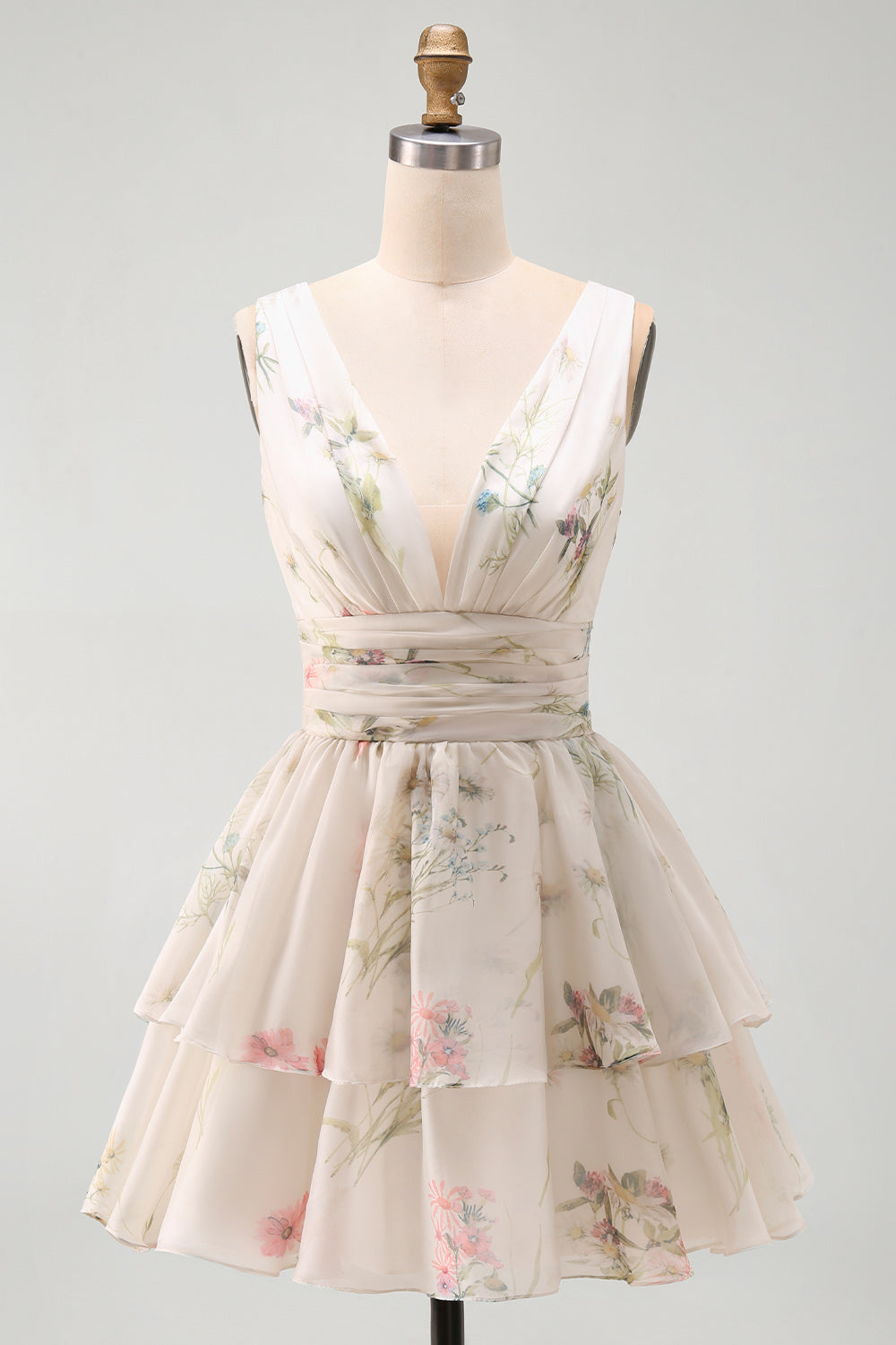 Floral V-Neck Ruched A Line Short Ivory Beach Wedding Dress