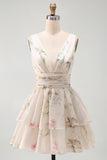 Floral V-Neck Ruched A Line Short Ivory Beach Wedding Dress
