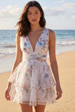 Floral V-Neck Ruched A Line Short Ivory Beach Wedding Dress
