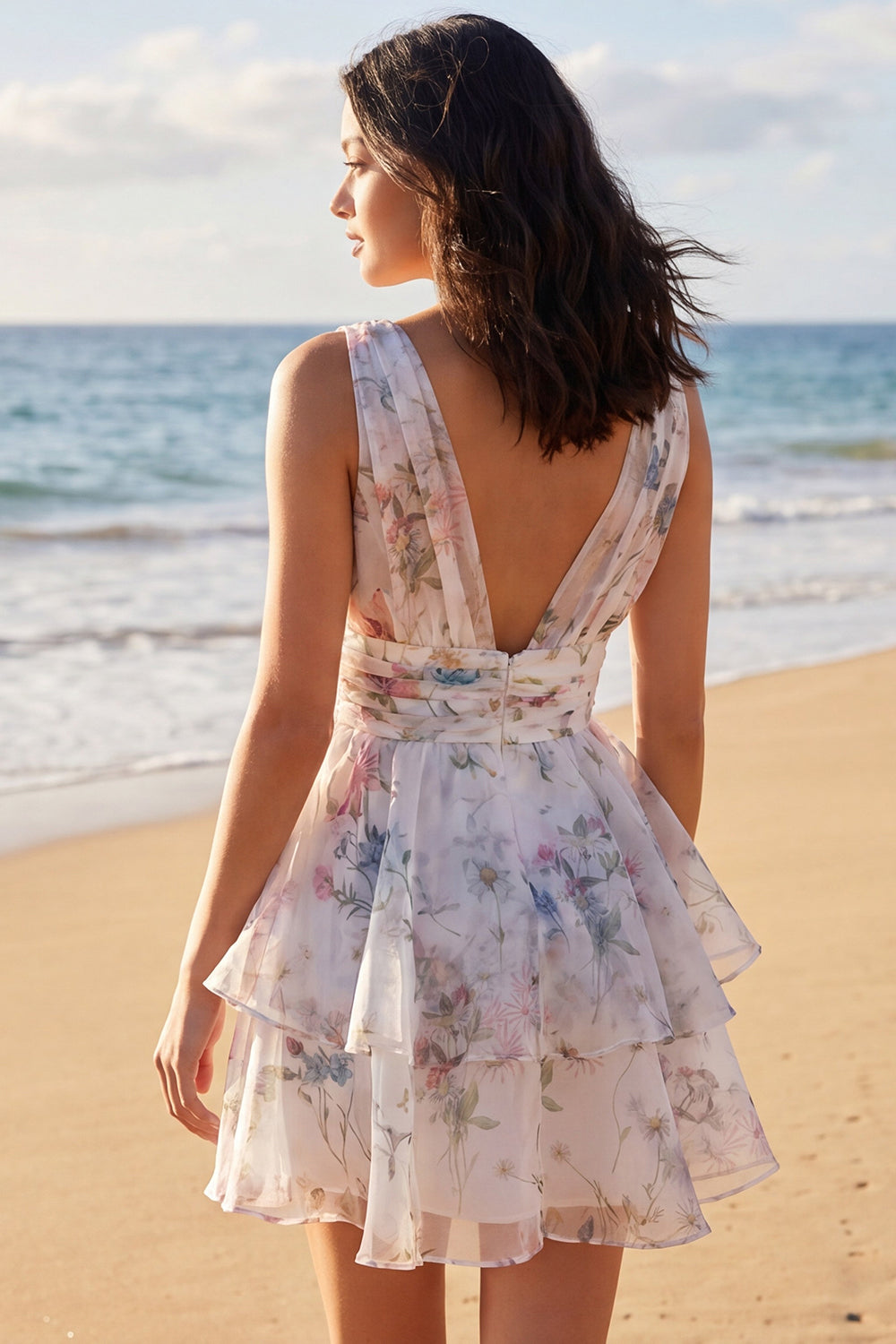 Floral V-Neck Ruched A Line Short Ivory Beach Wedding Dress