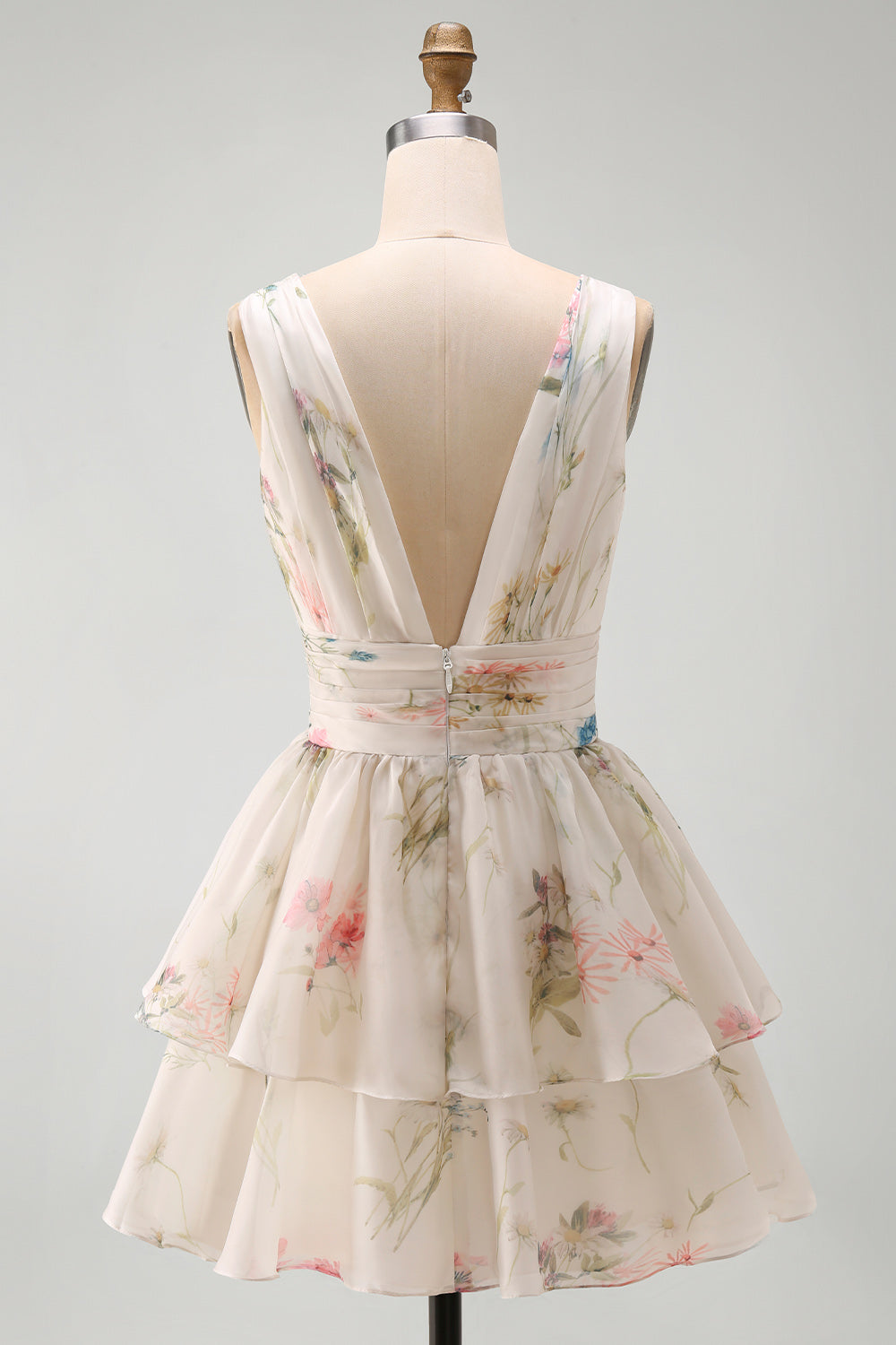 Floral V-Neck Ruched A Line Short Ivory Beach Wedding Dress