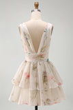 Floral V-Neck Ruched A Line Short Ivory Beach Wedding Dress