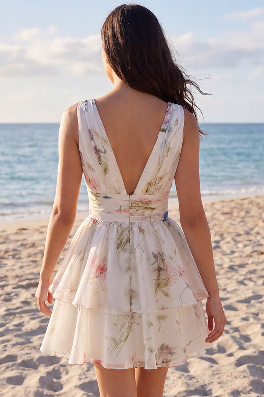 Floral V-Neck Ruched A Line Short Ivory Beach Wedding Dress