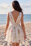Floral V-Neck Ruched A Line Short Ivory Beach Wedding Dress