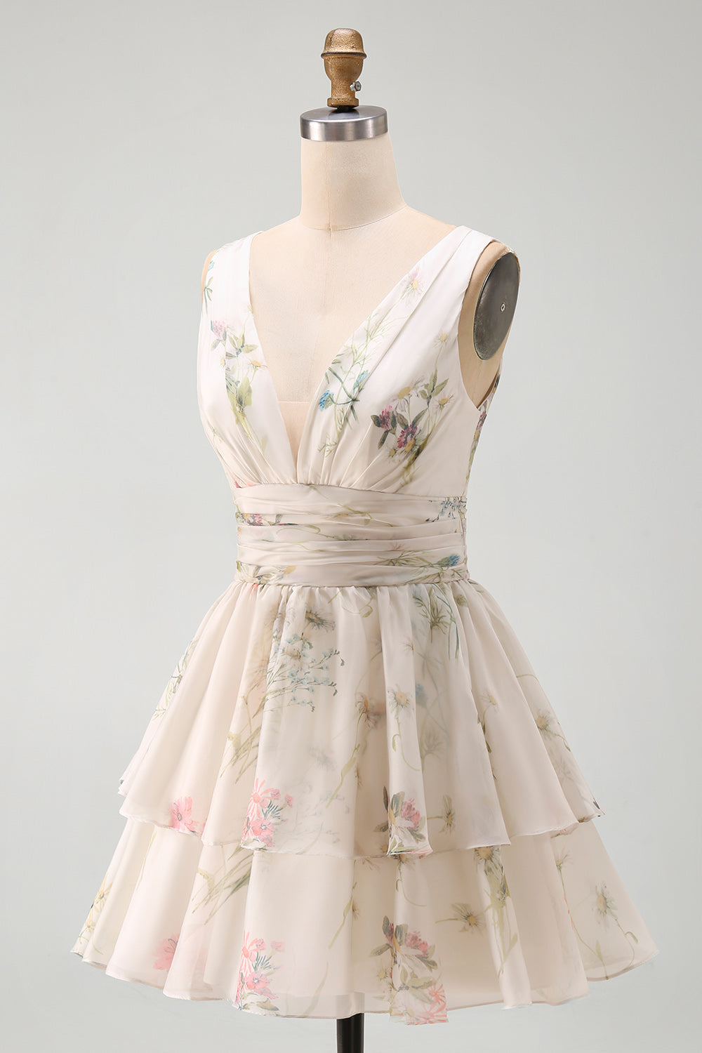 Floral V-Neck Ruched A Line Short Ivory Beach Wedding Dress