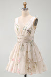 Floral V-Neck Ruched A Line Short Ivory Beach Wedding Dress