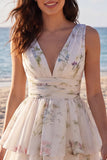 Floral V-Neck Ruched A Line Short Ivory Beach Wedding Dress