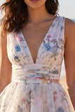 Floral V-Neck Ruched A Line Short Ivory Beach Wedding Dress
