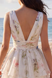 Floral V-Neck Ruched A Line Short Ivory Beach Wedding Dress