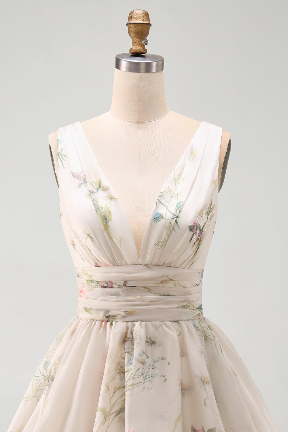 Floral V-Neck Ruched A Line Short Ivory Beach Wedding Dress